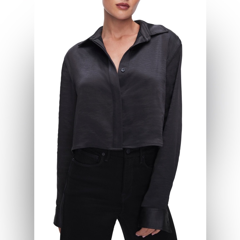 Good American Crop Satin Button-Up Shirt NWT